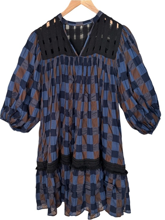 Love Binetti Dresses & Skirts - LOVE BINETTI Balloon Sleeve Blue and Brown Checkered Babydoll Dress Cotton M